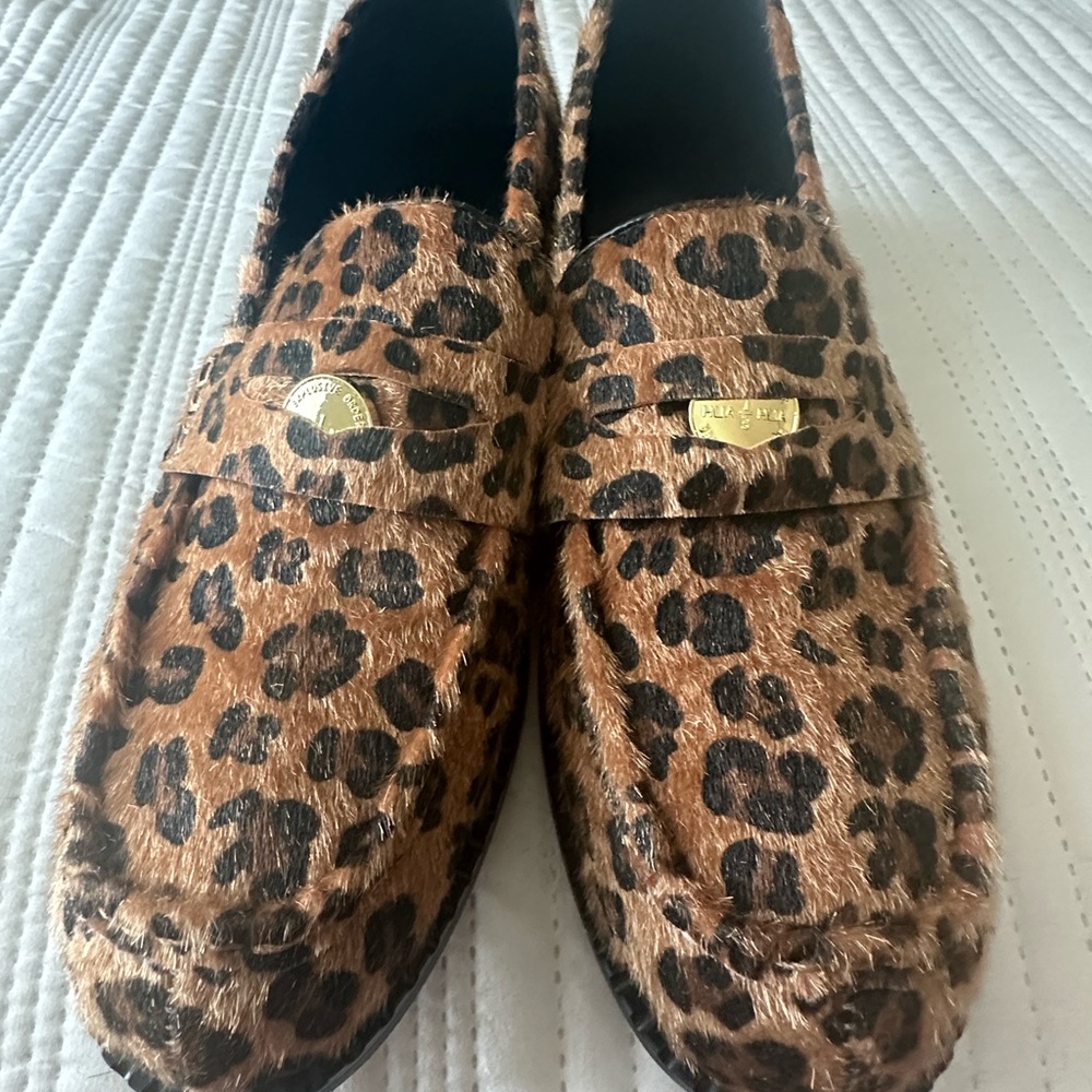 New- faux fur animal print loafers with gold faux penny/emblem